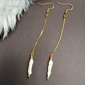 Gold Pearl Drop Earrings: Long Freshwater Stick Pearl, Modern Bridal Jewelry