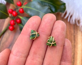 Green Jasper Triangle Stud Earrings / Small Wire Wrapped Gemstone Studs / Gold Filled Wire Studs / Handmade Jewelry / Gift for Her Under 30