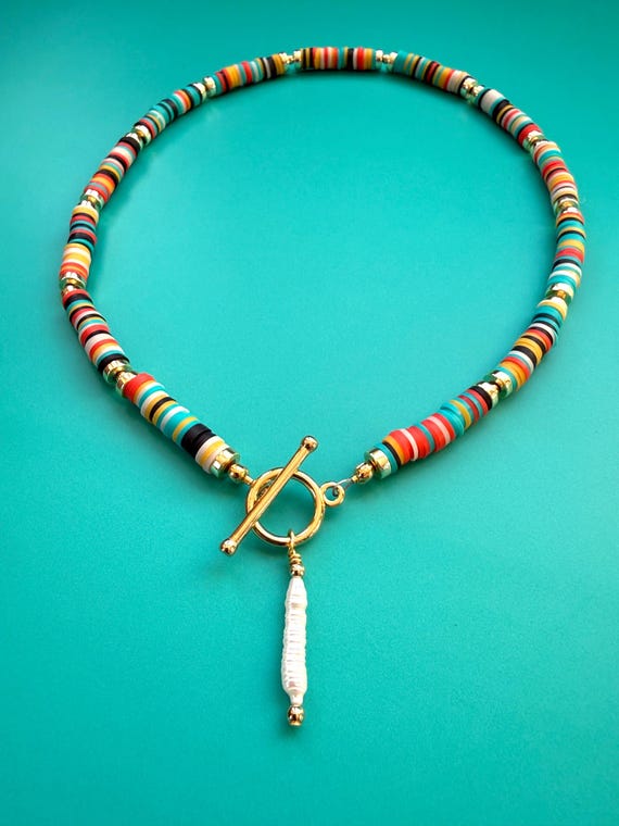 Multicolor Heishi Bead Necklace with Pearl Charm | Gold Toggle Clasp Statement Jewelry