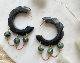 Vintage 1970s Black Wood & Turquoise Hoops / Deadstock Earrings / Upcycled Large Hoop Earrings / Unique Limited Edition Black Hoop Earrings