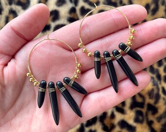 Large Black and Gold Spike Hoop Earrings / Black Dagger Bead Edgy Statement Earrings / Wire Wrapped Beaded Statement Hoops / Gold Hoops
