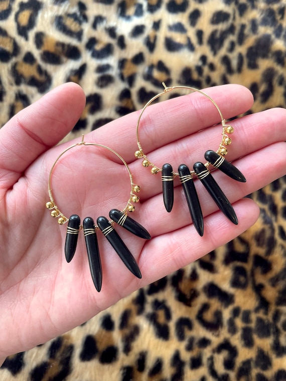 Large Black and Gold Spike Hoop Earrings Black Dagger Bead Edgy