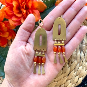 Orange Brass Chandelier Statement Earrings / Large Gold Dangle Earrings / Orange Agate Beaded Statement Earrings / Summer Earrings for Her image 8