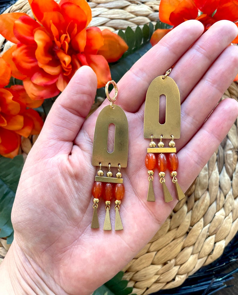 Orange Brass Chandelier Statement Earrings / Large Gold Dangle Earrings / Orange Agate Beaded Statement Earrings / Summer Earrings for Her image 8