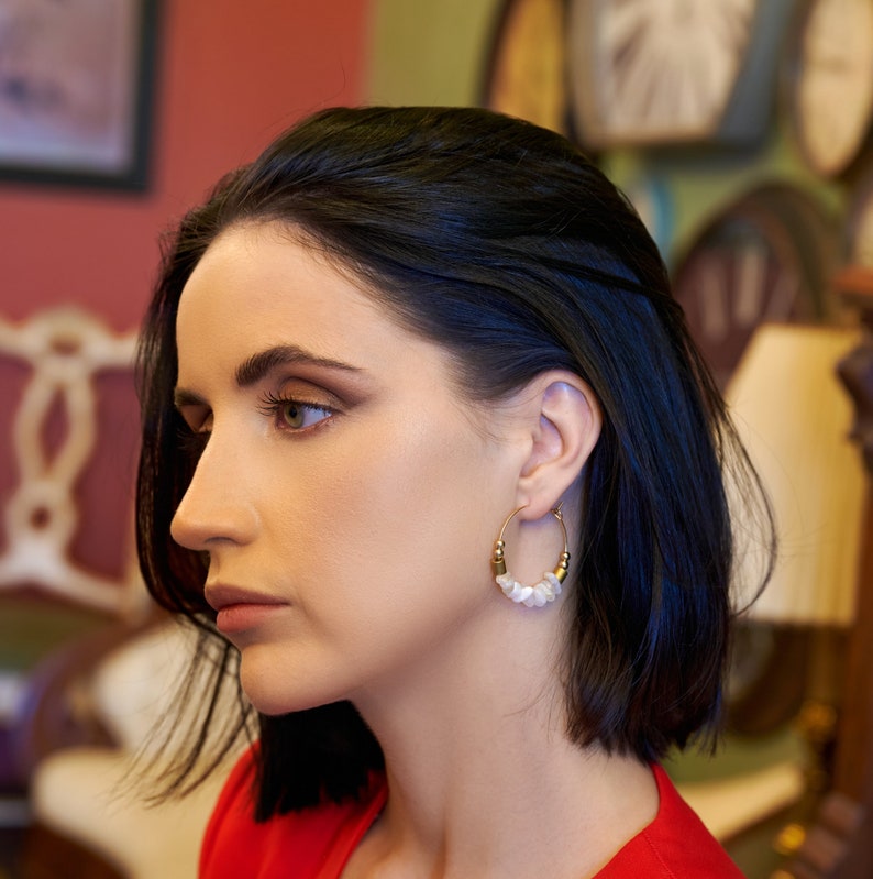 Large Moonstone Hoop Earrings / June Birthstone Earrings / Beaded Gemstone Chip Hoop Earrings / Large Bohemian Statement Hoops White Gold image 2