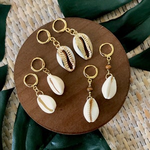 Cowrie Shell Earrings / Huggie Earrings / Seashell Earrings / Small Cowrie Shell Huggie Hoops / Cowrie Shell Dangle Earring / Gifts Under 20