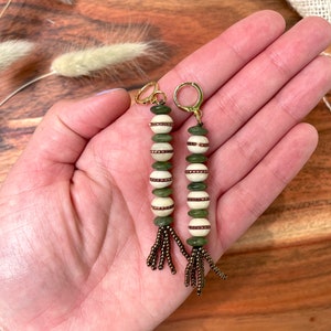 Olive Green Brown Seed Bead Tassel Earrings / Mala Bead Tassel Earrings / Bone Bead / Olive Jade / Unique Statement Drop Earrings / Bohemian image 2