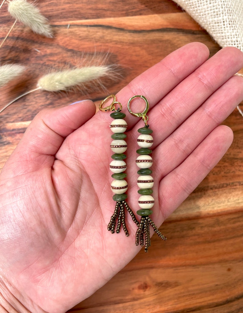 Olive Green Brown Seed Bead Tassel Earrings / Mala Bead Tassel Earrings / Bone Bead / Olive Jade / Unique Statement Drop Earrings / Bohemian image 2