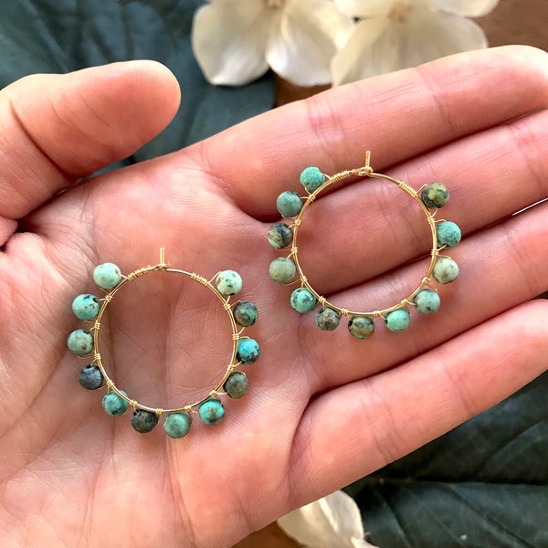 Turquoise Beaded Hoop Earrings / Christmas gift Under 25/ Gemstone Hoop Earrings / Boho Hoop Earrings Gold / Jewelry Gift