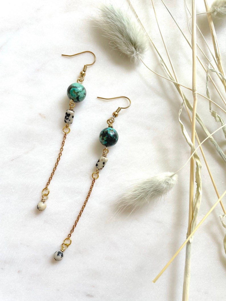 Turquoise Long Beaded Earring / Beaded Chain Dangle Earrings / Bohemian Statement Earrings / Boho Beaded Long Earrings / Boho Chain Earrings image 1