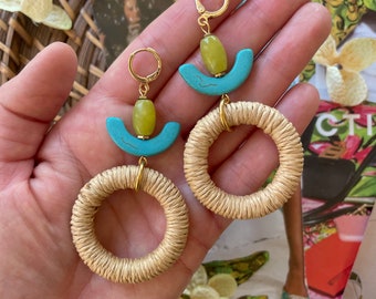 Colorful Hemp Rope Hoops / Summer Statement Hoop Earrings / Summer Jewelry / Turquoise and Green Hoops / Natural Beige Hoops