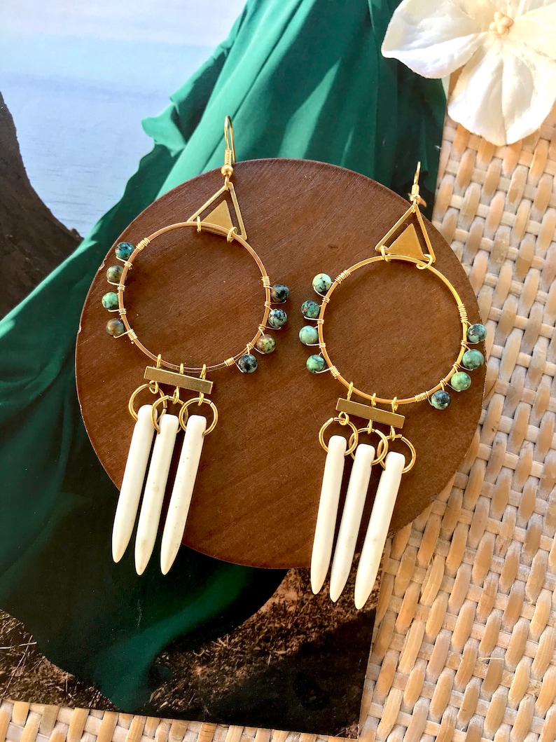 Boho Beaded Turquoise Statement Earrings  Wire Wrapped Turquoise Bohemian Earrings  Turquoise and Gold Dangle Earrings  Unique Gift