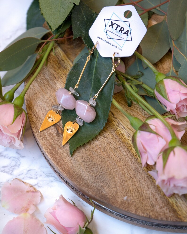 Long Evil Eye Heart Dangle Earrings Rose Quartz Beaded Dangle Earrings with Gold Heart Charm Statement Earrings Mother/'s Day Gift