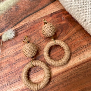 Natural Brown Hemp Hoop Dangle Earrings / Neutral Brown Boho Hoop Earrings / Earth Tones Statement Earrings / Tigers Eye Earrings / Bohemian image 4