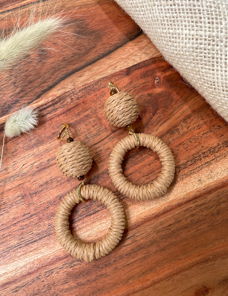 Natural Brown Hemp Hoop Dangle Earrings / Neutral Brown Boho Hoop Earrings / Earth Tones Statement Earrings / Tigers Eye Earrings / Bohemian image 4