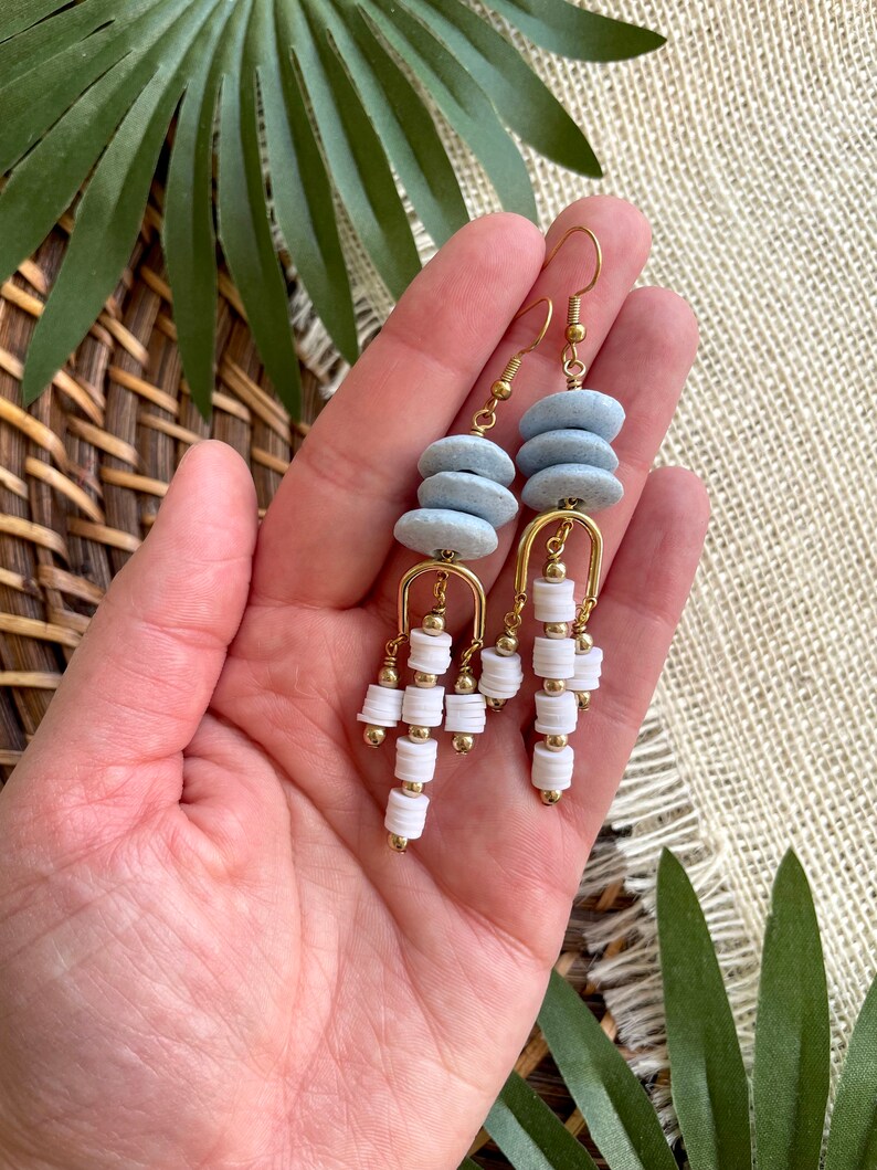 Beaded Chandelier Arch Earrings / Chandelier Statement Earrings / Chunky Beaded Arch Earrings / Blue and White Earrings / Unique Bohemian image 8