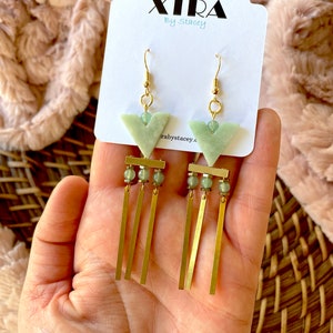 Geometric Gemstone Chandelier Earrings / Triangle Beaded Green Jade Aventurine Earrings / Bohemian Jewelry Gift / Boho Dangle Earrings