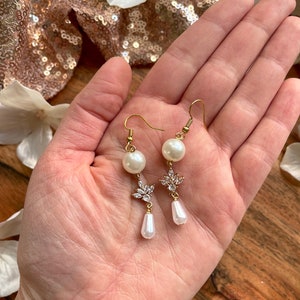 Gold Floral Pearl Teardrop Earrings: Rhinestone Dangle Earrings