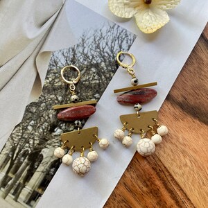 Red Jasper Bohemian Chandelier Earrings / Beaded Geometric Dangle Earrings / Unique Gemstone Statement Earrings / Dalmatian Jasper / Brass image 7