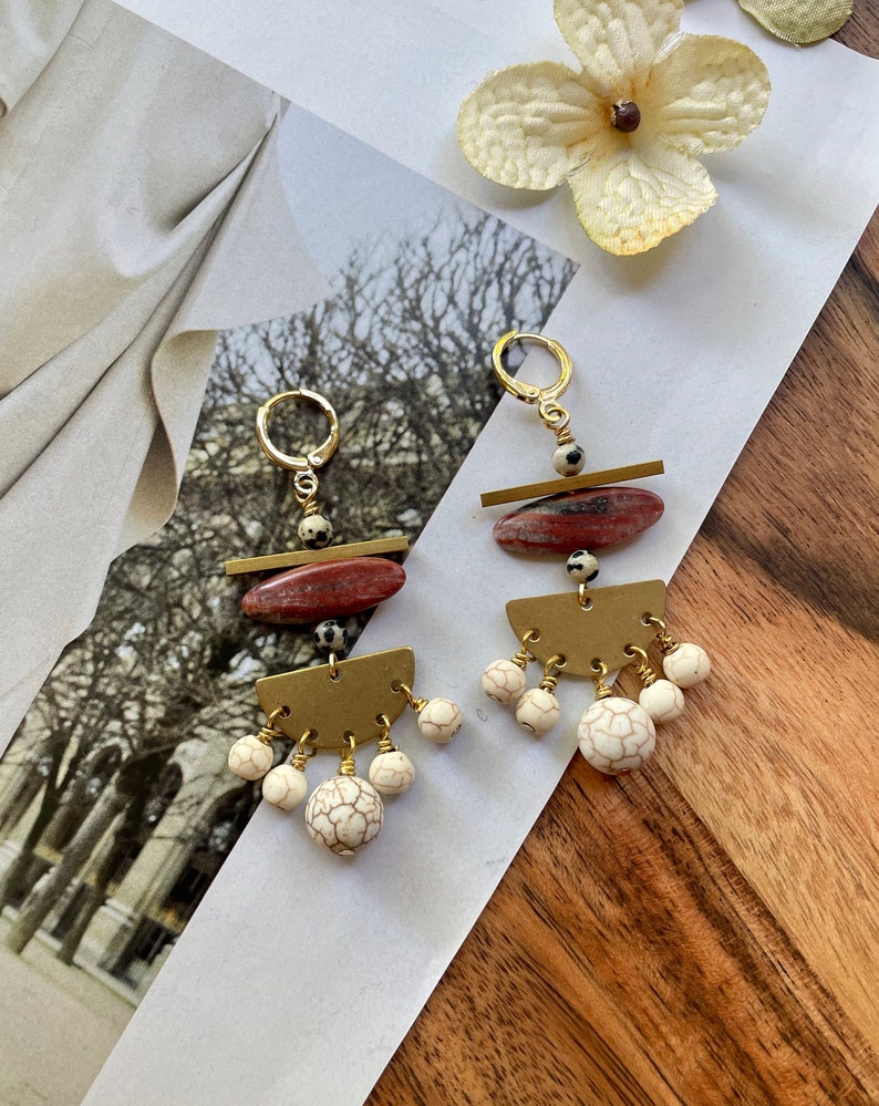 Red Jasper Bohemian Chandelier Earrings / Beaded Geometric Dangle Earrings / Unique Gemstone Statement Earrings / Dalmatian Jasper / Brass image 7