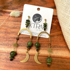 Olive Jade Celestial Arch Statement Earrings / Beaded Moon and Stars Earrings / Large Boho Geometric Earrings / Tigers Eye / Chandelier image 8