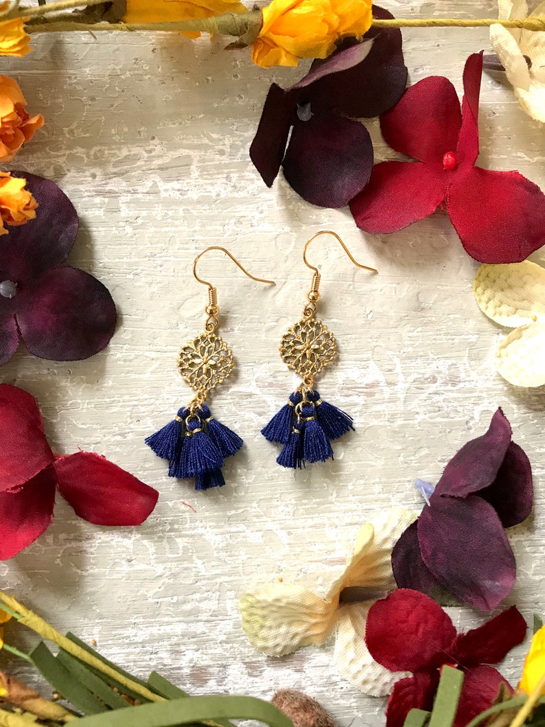 Navy Blue Tassel Earrings / Filigree Earrings / Small Tassel Etsy