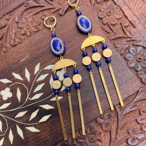 Long Elegant Vintage Style Chandelier Earrings / Royal Blue Statement Earrings / Art Nouveau Beaded Earrings / Unique Cobalt Blue Dangle image 2