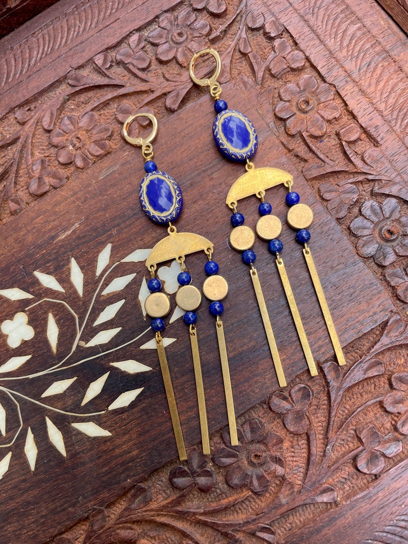 Long Elegant Vintage Style Chandelier Earrings / Royal Blue Statement Earrings / Art Nouveau Beaded Earrings / Unique Cobalt Blue Dangle image 2