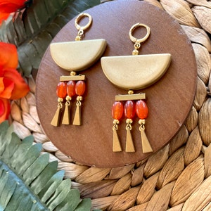 Orange Agate Summer Statement Earrings / Half Moon Chandelier Earrings / Vacation Earrings / Large Beaded Dangle Earrings / Boho Earrings image 2