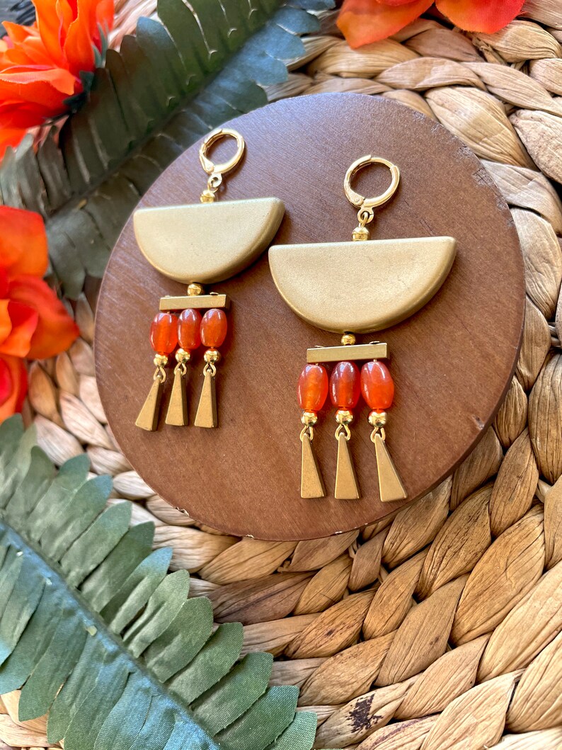 Orange Agate Summer Statement Earrings / Half Moon Chandelier Earrings / Vacation Earrings / Large Beaded Dangle Earrings / Boho Earrings image 2