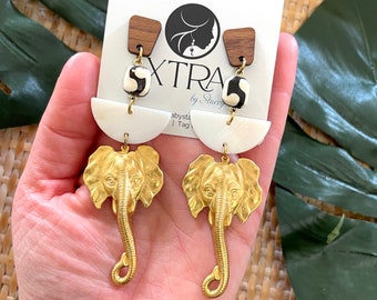 Large Brass Elephant Motif Earrings / Batik Beaded Geometric Elephant Earrings / African Beaded Statement Earrings / Large Unique Bohemian