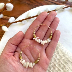Large Moonstone Hoop Earrings / June Birthstone Earrings / Beaded Gemstone Chip Hoop Earrings / Large Bohemian Statement Hoops White Gold image 5