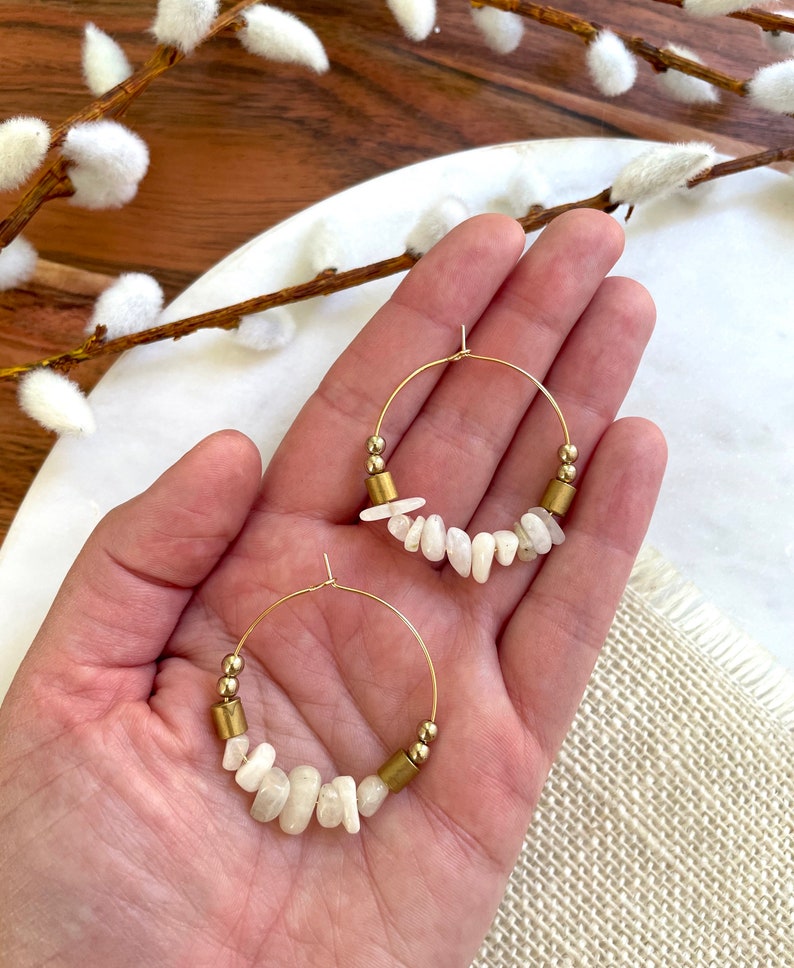Large Moonstone Hoop Earrings / June Birthstone Earrings / Beaded Gemstone Chip Hoop Earrings / Large Bohemian Statement Hoops White Gold image 5