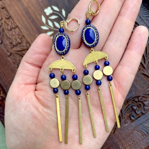 Long Elegant Vintage Style Chandelier Earrings / Royal Blue Statement Earrings / Art Nouveau Beaded Earrings / Unique Cobalt Blue Dangle image 4