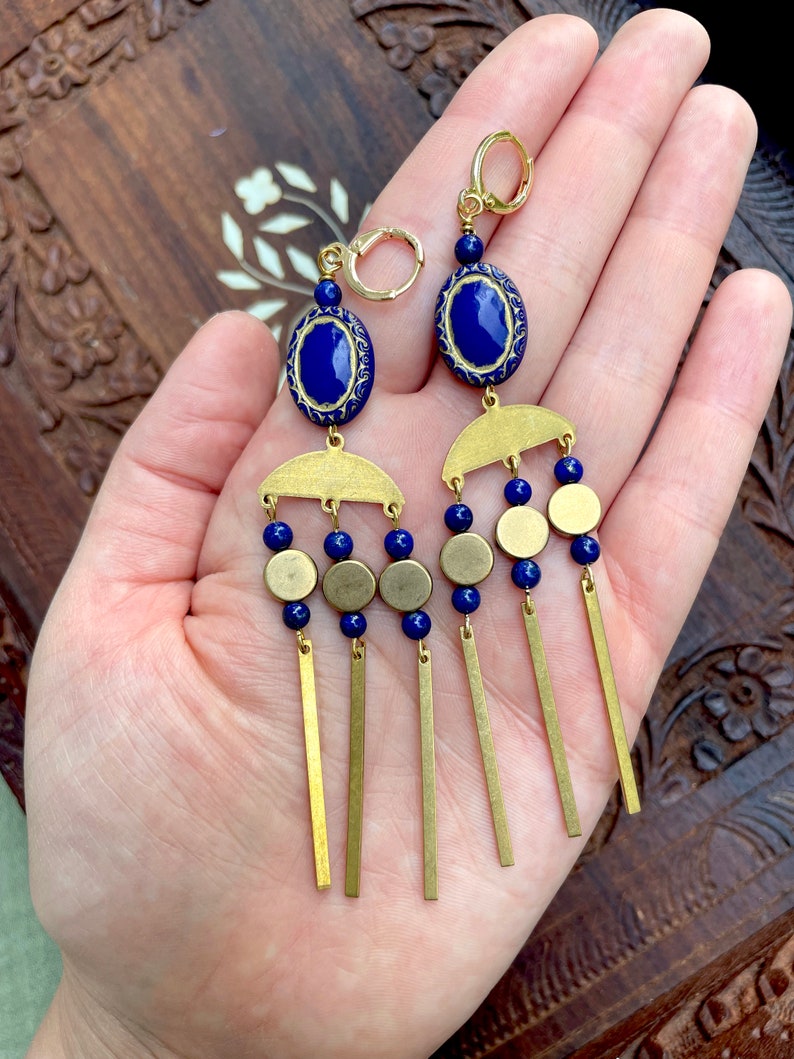 Long Elegant Vintage Style Chandelier Earrings / Royal Blue Statement Earrings / Art Nouveau Beaded Earrings / Unique Cobalt Blue Dangle image 4