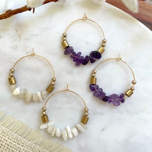Large Moonstone Hoop Earrings / June Birthstone Earrings / Beaded Gemstone Chip Hoop Earrings / Large Bohemian Statement Hoops White Gold image 9