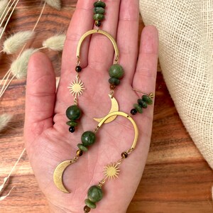 Olive Jade Celestial Arch Statement Earrings / Beaded Moon and Stars Earrings / Large Boho Geometric Earrings / Tigers Eye / Chandelier image 4