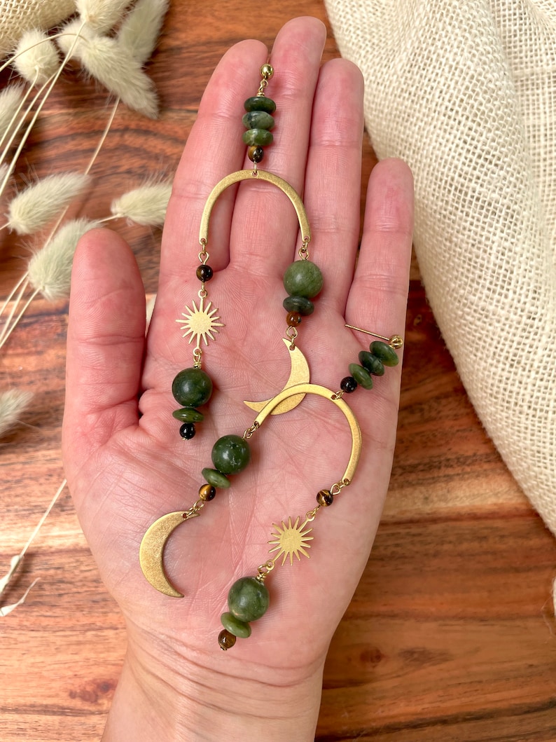 Olive Jade Celestial Arch Statement Earrings / Beaded Moon and Stars Earrings / Large Boho Geometric Earrings / Tigers Eye / Chandelier image 4