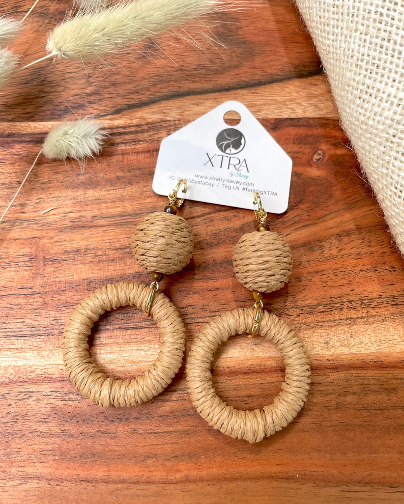 Natural Brown Hemp Hoop Dangle Earrings / Neutral Brown Boho Hoop Earrings / Earth Tones Statement Earrings / Tigers Eye Earrings / Bohemian image 8