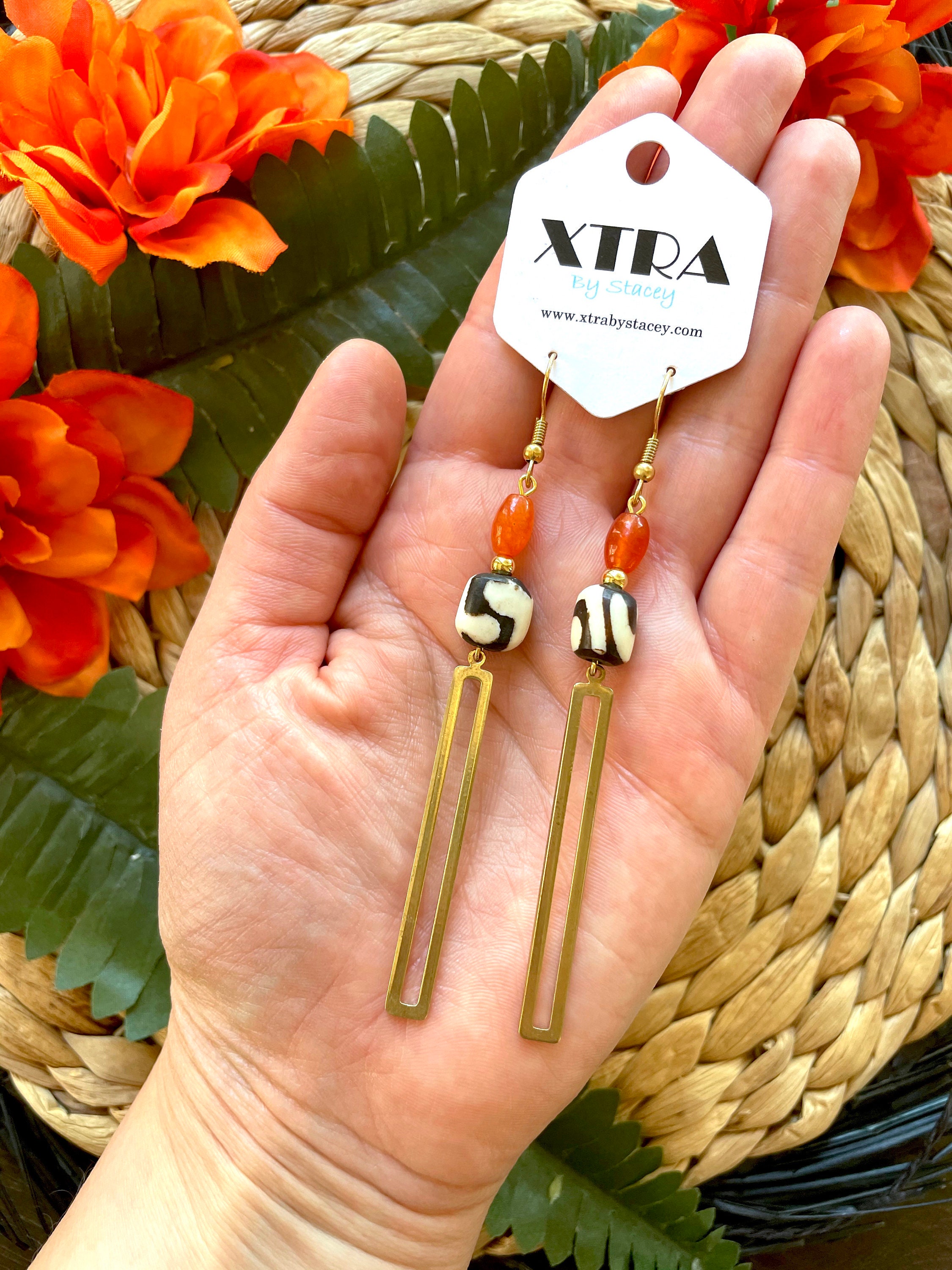 Long African Bone Bead Earrings: Orange Agate, Brass Boho Earrings