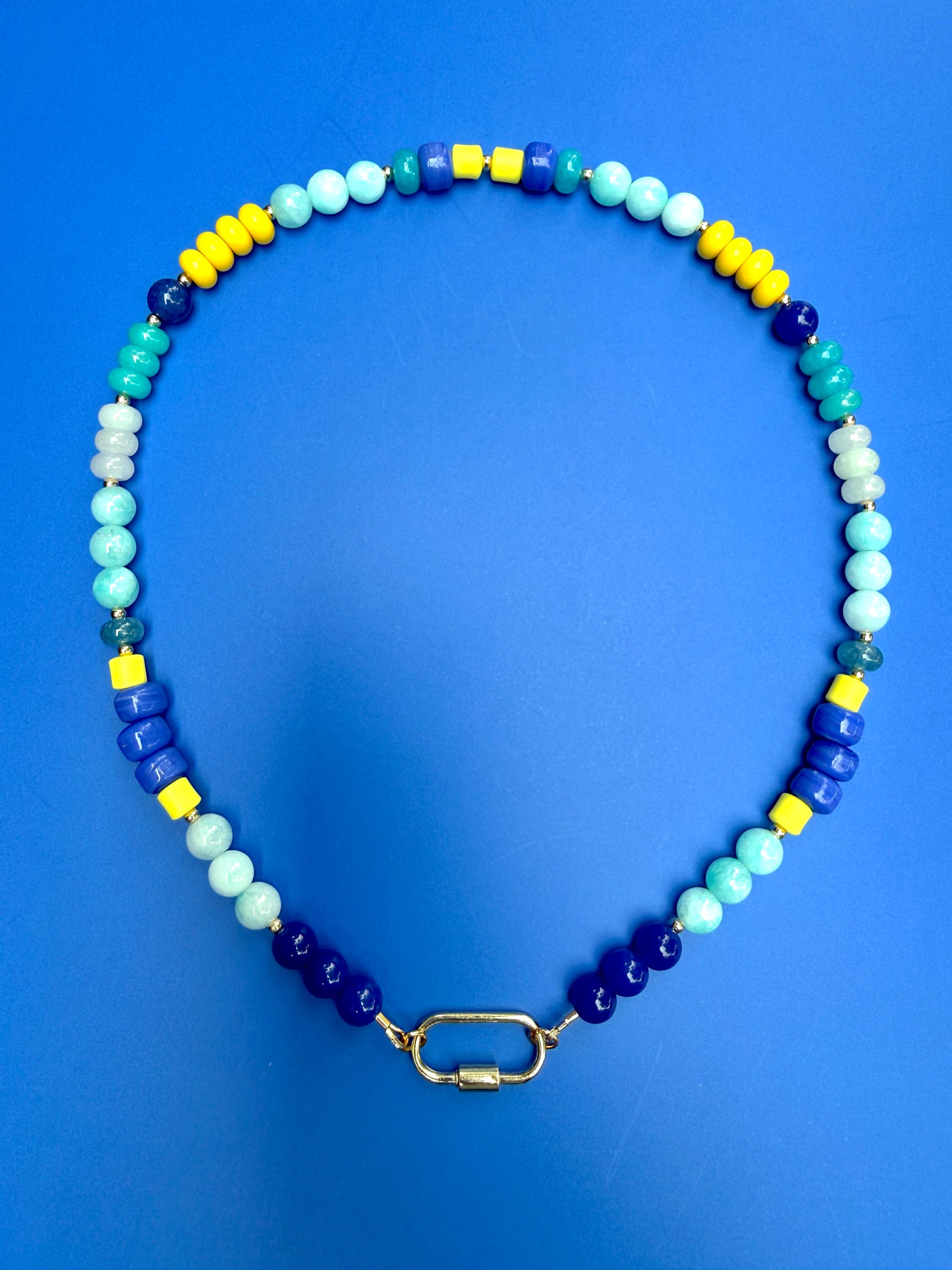One of a Kind Beaded Statement Necklace Gold-Plated Carabiner Clasp, Blue Yellow Gemstone Jewelry