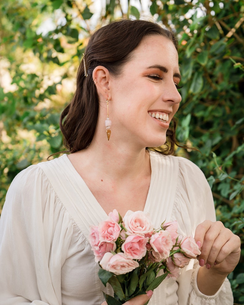 Long Evil Eye Heart Dangle Earrings Rose Quartz Beaded Dangle Earrings with Gold Heart Charm Statement Earrings Mother/'s Day Gift