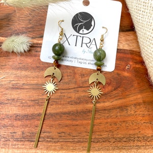 Small Celestial Olive Jade Statement Drop Earrings / Long Linear Star Dangle Earrings / Gold Brass Earth Tones / Olive Jade / Tigers Eye image 8