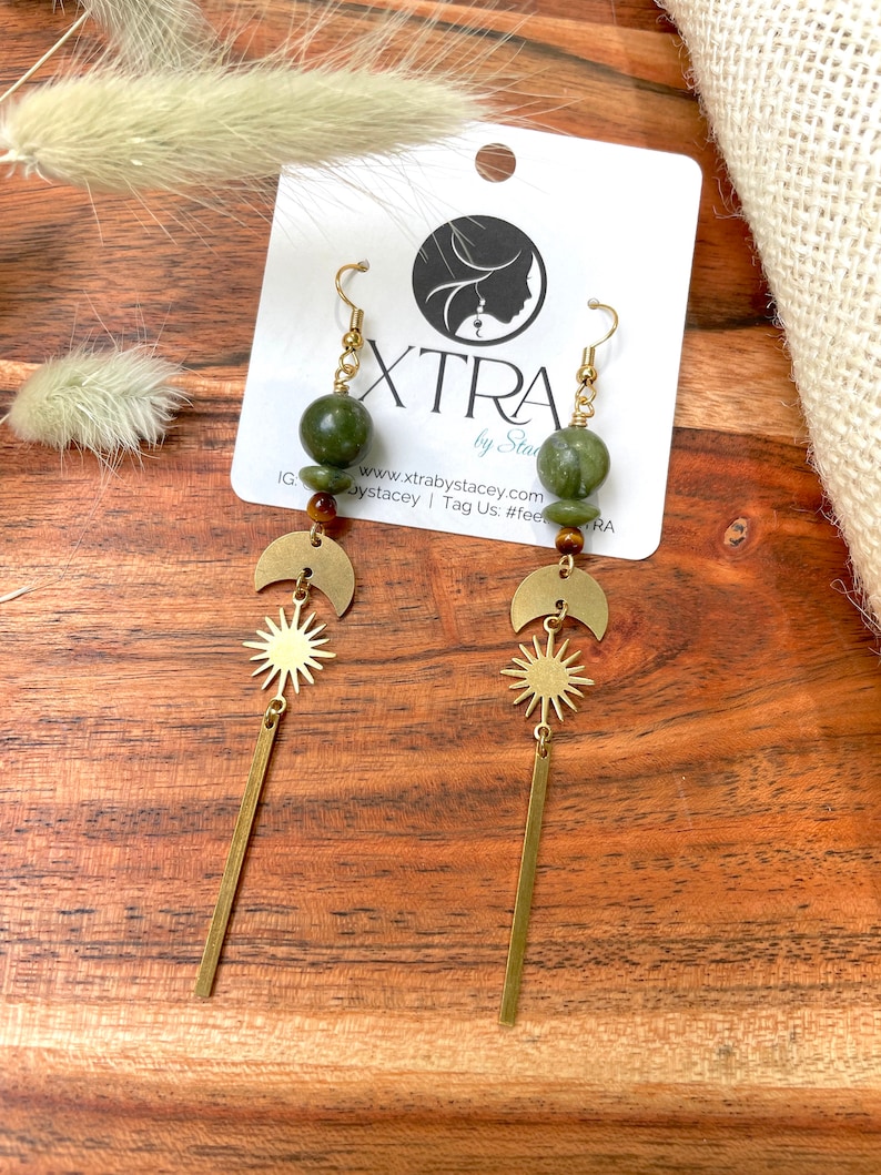 Small Celestial Olive Jade Statement Drop Earrings / Long Linear Star Dangle Earrings / Gold Brass Earth Tones / Olive Jade / Tigers Eye image 8