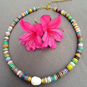 Multicolor Gemstone Beaded Choker Necklace with Freshwater Pearl / Colorful Layering Necklace / Rainbow Gemstone Necklace / Unique / 14 inch