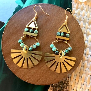 Turquoise and Gold Statement Earrings / Bohemian Statement Earrings / African Turquoise Geometric Dangle Earrings / Unique Boho Earring Gift image 2