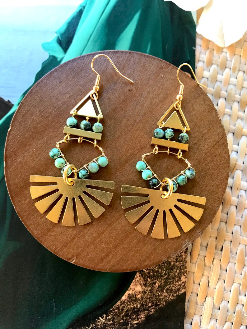 Turquoise and Gold Statement Earrings / Bohemian Statement Earrings / African Turquoise Geometric Dangle Earrings / Unique Boho Earring Gift image 2