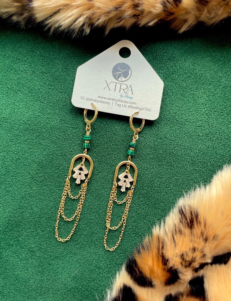 Art Deco Party Earrings / Gold Arch Earrings / Chain Earrings / Malachite / Green / Chandelier Arch Statement Earrings / Christmas Earrings image 7