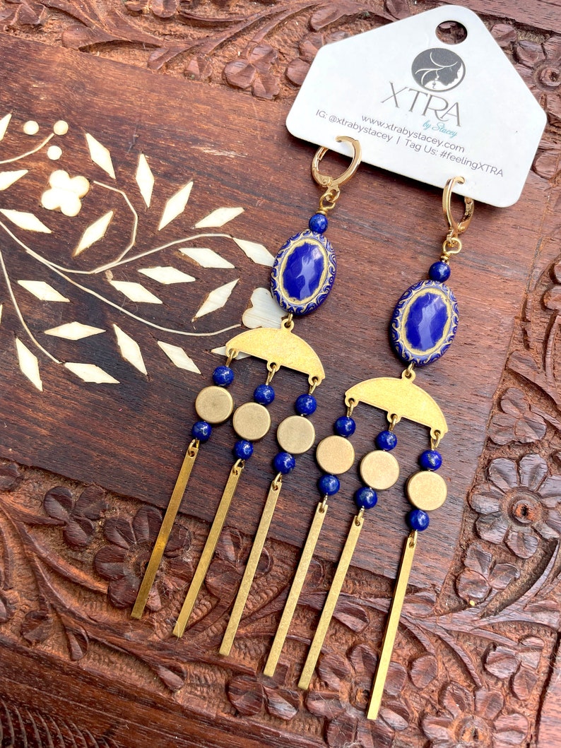 Long Elegant Vintage Style Chandelier Earrings / Royal Blue Statement Earrings / Art Nouveau Beaded Earrings / Unique Cobalt Blue Dangle image 9