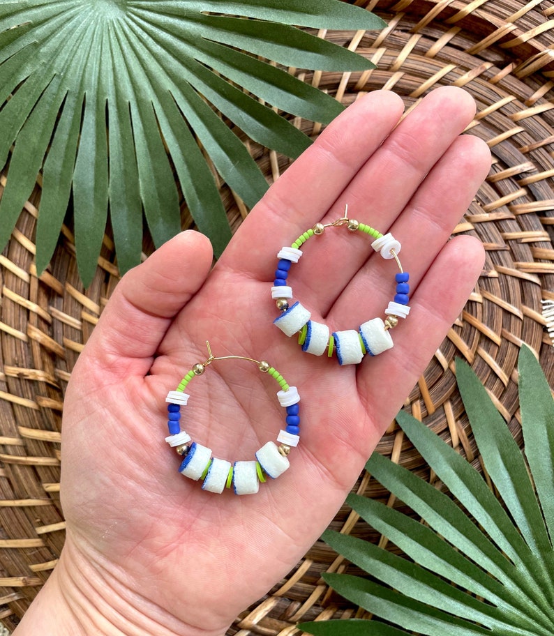 Colorful African Beaded Hoop Earrings / Unique Boho Statement Hoops / Cobalt Blue Hoop Earrings / Bohemian Jewelry Gift for Her / Seed Bead image 1